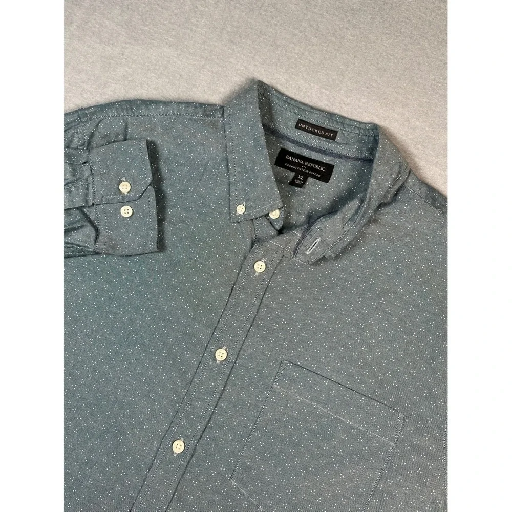 Banana Republic Untucked Fit Organic‎ Cotton Oxford Shirt Blue WhiteDot XL
